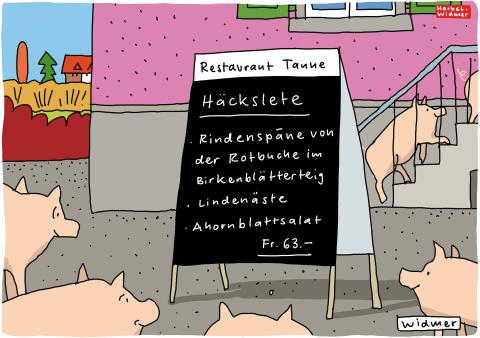 Cartoon von Ruedi Widmer: Tafel vor einem Restaurant mit Herbstmenüs aus Bäumen, Schweine freuen sich darauf