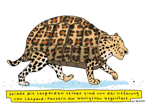 Cartoon von Ruedi Widmer: Ein Leopard mit Schildkröten-Panzer in Tarnfarben (Legende: Gerade die Leoparden selber sind von der Lieferung von Leopard-Panzern am wenigsten begeistert.)