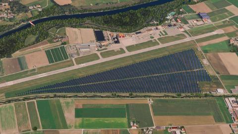 Visualisierung als Luftaufnahme der geplanten Solaranlage direkt neben dem Flugplatz Bern-Belp im Belpmoos