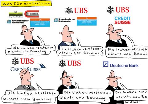 Cartoon von Ruedi Widmer zu Bankenfusionen in der Schweiz