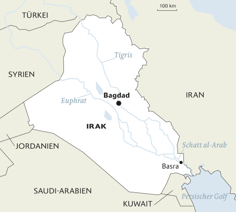Karte des Iraks mit den Flussverläufen von Euphrat und Tigris