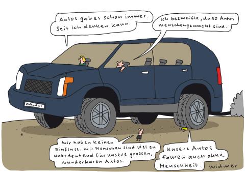 Cartoon von Ruedi Widmer zu immer grösseren Autos