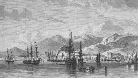 Kupferstich: der Hafen von Port of Spain auf Trinidad Mitte des 19. Jahrhunderts