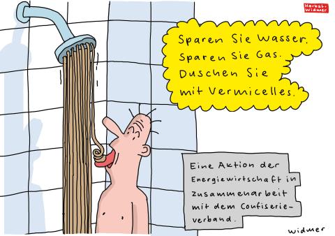 Cartoon von Ruedi Widmer (Herbst-Widmer): Duschen mit Vermicelles