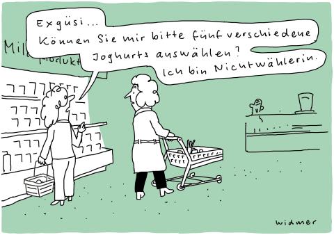 Cartoon von Ruedi Widmer: Nichtwähler:innen beim Einkaufen
