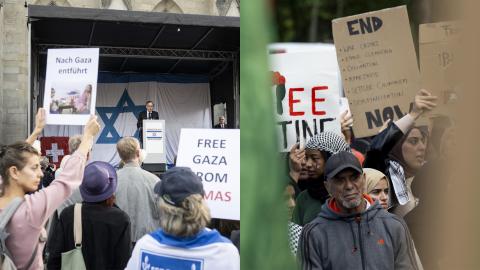 Bildkombination: Pro-Palästina-Demonstration in Bern / Solidaritätskundgebung auf dem Zürcher Münsterplatz