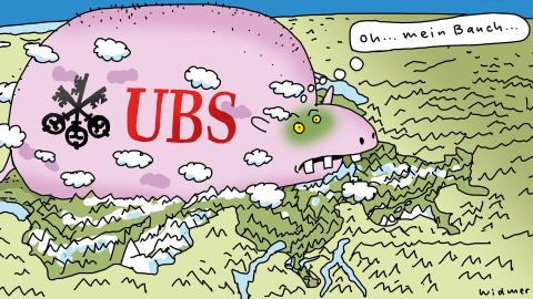 Illustration von Ruedi Widmer: die UBS-Bank als gefrässiges Monster, welches sich auf der Schweiz platziert