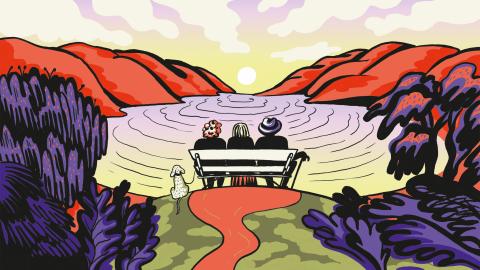Illustration: drei Personen sitzen auf einer Bank und blicken in die Landschaft