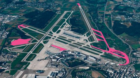  Luftaufnahme des Flughafen in Kloten mit eingezeichneten Ausbauvorhaben