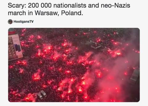 Ausschnitt aus dem Tweet «Beängstigend: 200 000 Nationalisten und Neonazis marschieren durch Warschau, Polen»