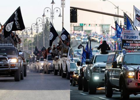 Bildmontage: links IS-Kämpfer in Rakka (2014), rechts Trump-Fans in Portland (2020)