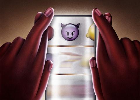 Illustration: Hände bedienen einen virtuellen Spielautomaten auf einem Smartphone-Bildschirm
