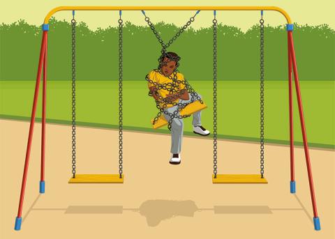 Illustration: Ein Junge ist auf einer Spielplatz-Schaukel gefesselt von den Schaukel-Ketten