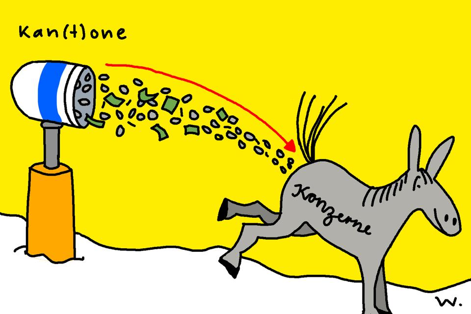 Illustration von Ruedi Widmer: eine Schneekanone mit der Überschrift «Kan(t)one» welche Geld in Richtung eines Esel mit der Aufschrift «Konzerne» schleudert