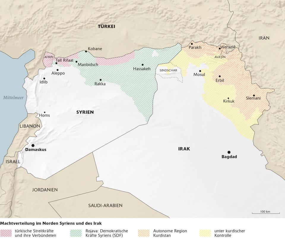 Karte: Machtverteilung im Norden Syriens und des Irak