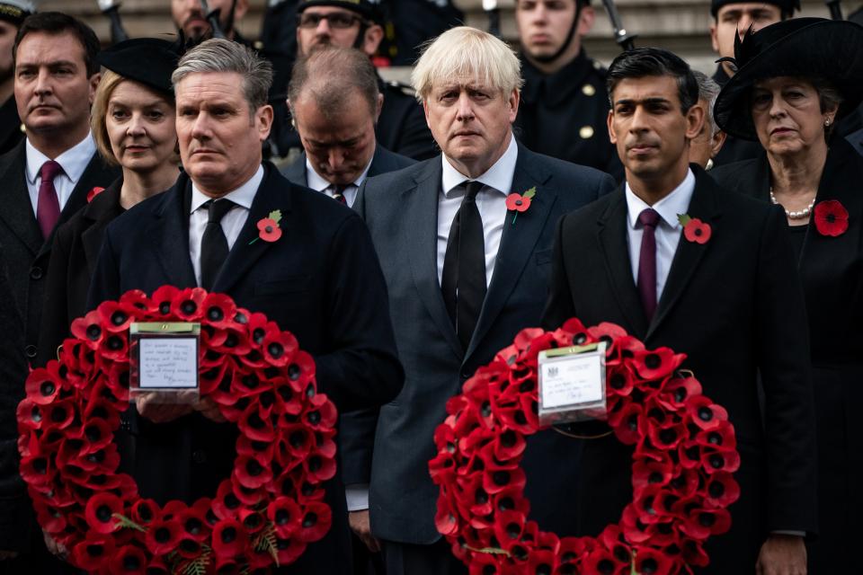 Former prime minister Liz Truss, Labour leader Keir Starmer, former prime minister Boris Johnson, Prime Minister Rishi Sunak and former prime minister Theresa May during the Remembrance Sunday service at the Cenotaph in London.