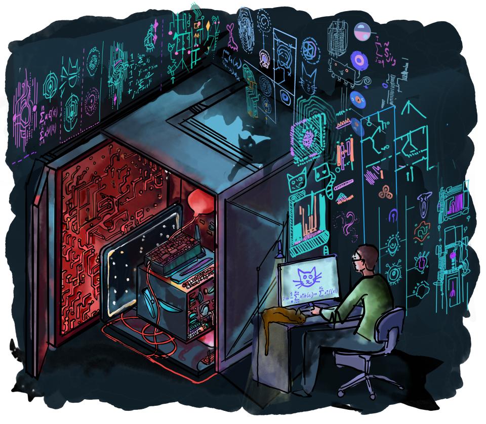 Illustration zu Künstlicher Intelligenz: eine Person sitzt vor einem Computer, in einem Nebenraum steht eine Serverfarm mit KI-Beschleunigern