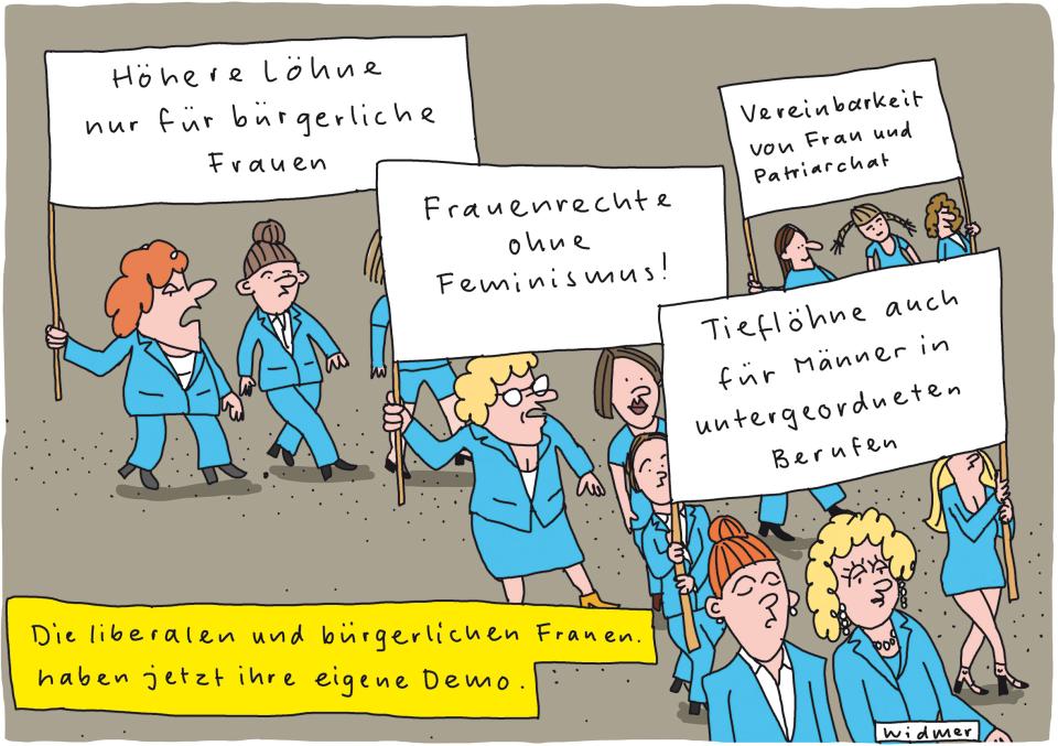 Cartoon von Ruedi Widmer zum feministischen Streik 