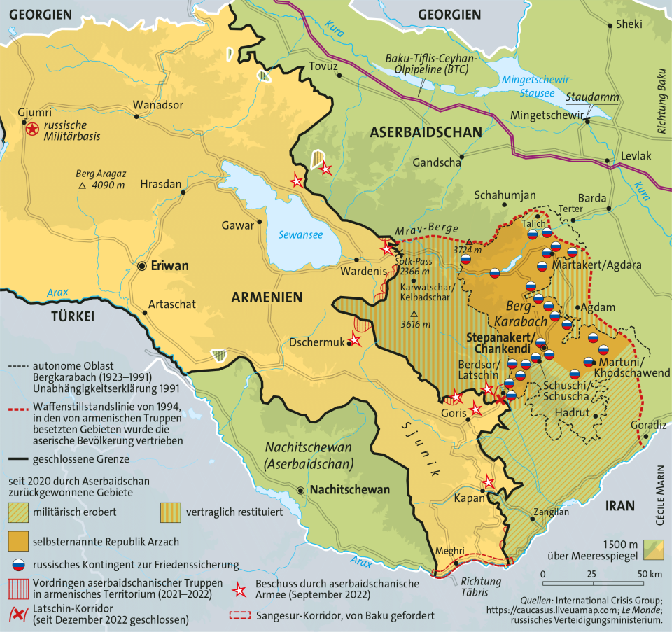 Karte des Konfliktgebiets Berg-Karabach mit umliegenden Ländern