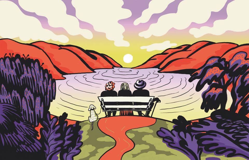 Illustration: drei Personen sitzen auf einer Bank und blicken in die Landschaft