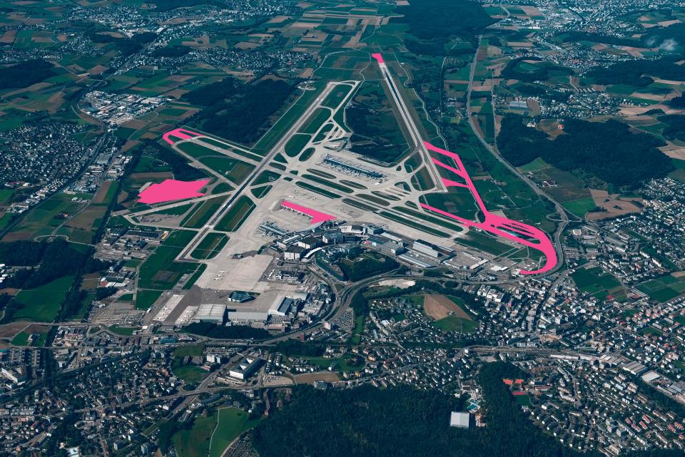  Luftaufnahme des Flughafen in Kloten mit eingezeichneten Ausbauvorhaben