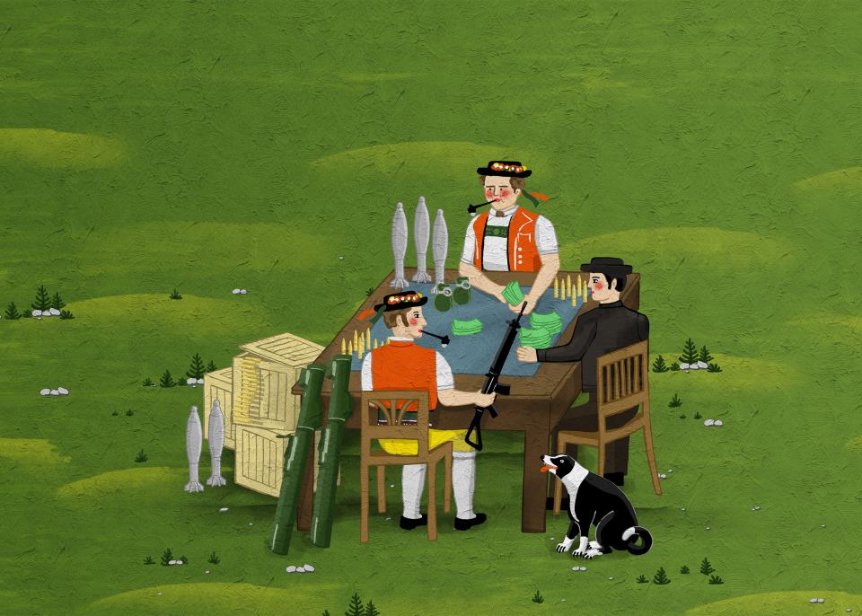 Illustration: Männer in Appenzeller Tracht pockern an einem Tisch mit einem schwarz gekleideten Herrn um Waffen